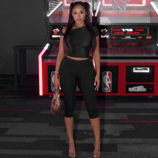 Slash Shoulder Sold Color Top Seven-Tenths Pants Suit MXBF-J25ST489