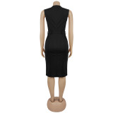 Single Breasted Solid Color Sleeveless Midi Dress BY-7623