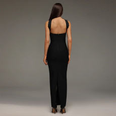 Hot Drill Wrap Chest Slim Maxi Dress BY-7625