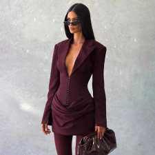 Deep V Neck Long Sleeve Ruched Mini Dress GAXB-W535DS