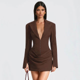 Deep V Neck Long Sleeve Ruched Mini Dress GAXB-W535DS
