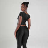 Slash Shoulder Solid Color Top Seven-Tenths Pants Suit MXBF-J25ST489
