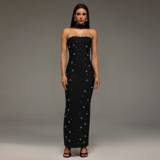 Hot Drill Wrap Chest Slim Maxi Dress BY-7625