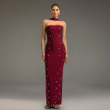 Hot Drill Wrap Chest Slim Maxi Dress BY-7625