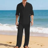 Men's Casual Solid Color Shirt Two Piece Pants Set FLZH-ZT167-ZK168