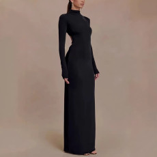 Long Sleeve Solid Color Backless Maxi Dress GAXB-W528DS