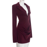 Deep V Neck Long Sleeve Ruched Mini Dress GAXB-W535DS