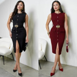 Single Breasted Solid Color Sleeveless Midi Dress BY-7623