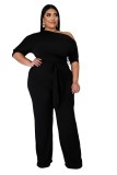 Plus Size Solid Color Slash Shoulder Tie Up Jumpsuit OSM-5282