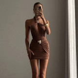 Halterneck Metal Buckle Patchwork Ruched Mini Dress DLSF-K25D88139