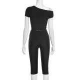 Slash Shoulder Solid Color Top Seven-Tenths Pants Suit MXBF-J25ST489
