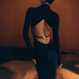 Long Sleeve Solid Color Backless Maxi Dress GAXB-W528DS