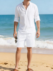 Men's Solid Color Long Sleeve Shirt Five-Tenths Pants Set FLZH-ZT167-ZK117