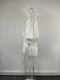 Plus Size Solid Color Ruffles Lantern Sleeve Mini Dress GHHE-29523