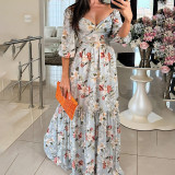 Plus Size Print 3/4 Sleeve Tie Up Maxi Dress GHHE-28782