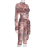 Print Long Sleeve Tie Up Seven-Tenths Pants Suit GDSF-J25ST454