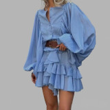 Plus Size Solid Color Ruffles Lantern Sleeve Mini Dress GHHE-29523