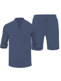 Men's Solid Color Long Sleeve Shirt Five-Tenths Pants Set FLZH-ZT167-ZK117