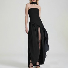 Plus Size Solid Color Split Tube Top Maxi Dress GHHE-29653