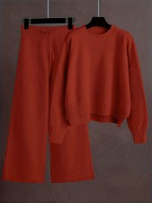 Plus Size Knits Solid Color Wide Leg Two Piece Pants Set FSXF-F760