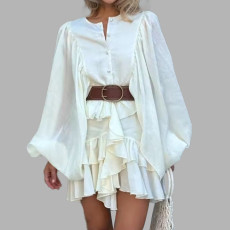 Plus Size Solid Color Ruffles Lantern Sleeve Mini Dress GHHE-29523