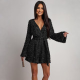 Long Sleeve Deep V Neck Sequin Mini Dress CYA-902226