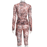 Print Long Sleeve Tie Up Seven-Tenths Pants Suit GDSF-J25ST454