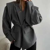 Plus Size Tie Up Loose V Neck Coats GHHE-29782