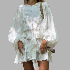 Plus Size Solid Color Ruffles Lantern Sleeve Mini Dress GHHE-29523
