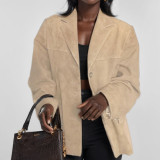 Plus Size Retro Loose Pocket Suede Long-Sleeve Blazer GHHE-28647
