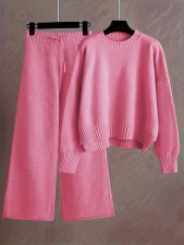 Plus Size Knits Solid Color Wide Leg Two Piece Pants Set FSXF-F760