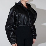Long-Sleeved Hooded Faux Leather Jacket HHMY-5613