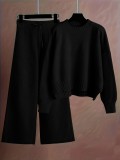 Plus Size Knits Solid Color Wide Leg Two Piece Pants Set FSXF-F760