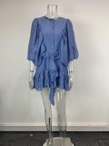 Plus Size Solid Color Ruffles Lantern Sleeve Mini Dress GHHE-29523