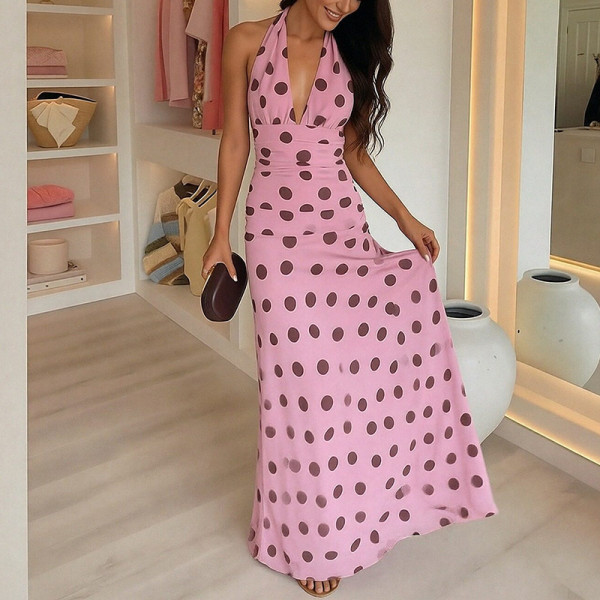 Plus Size V Neck Polka Dot Print Maxi Dress GHHE-29699