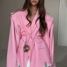 Plus Size Tie Up Loose V Neck Coats GHHE-29782