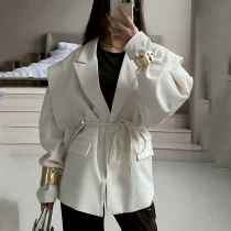 Plus Size Tie Up Loose V Neck Coats GHHE-29782