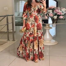 Plus Size Print 3/4 Sleeve Tie Up Maxi Dress GHHE-28782