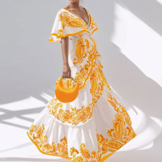 Plus Size Print V Neck Ruffles Maxi Dress GHHE-29088