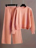 Plus Size Knits Solid Color Wide Leg Two Piece Pants Set FSXF-F760