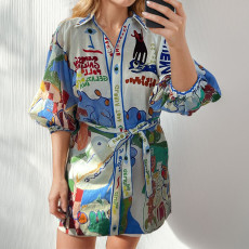 Plus Size Print Lapel Shirt Dress GHHE-29124