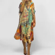 Plus Size V Neck Print Loose Maxi Dress GHHE-29304