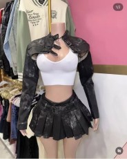 Retro Leather Jacket And Skirt Two Piece Set GFCF-1296