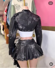 Retro Leather Jacket And Skirt Two Piece Set GFCF-1296