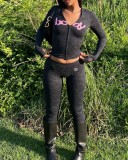 Fashion Print Letter Hooded Long Sleeve Coat + Printed Skinny Pants Set GKYS-2646