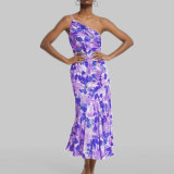 Plus Size Slash Neck Print Sling Fishtail Dress GHHE-23172
