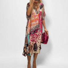 Plus Size V Neck Print Loose Maxi Dress GHHE-29304