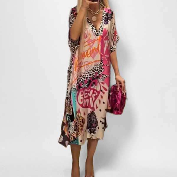 Plus Size V Neck Print Loose Maxi Dress GHHE-29304