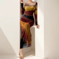 Plus Size Print Long Sleeve Slim Maxi Dress GHHE-29147