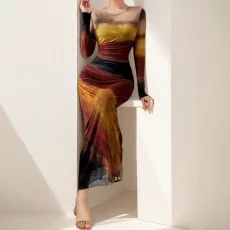 Plus Size Print Long Sleeve Slim Maxi Dress GHHE-29147